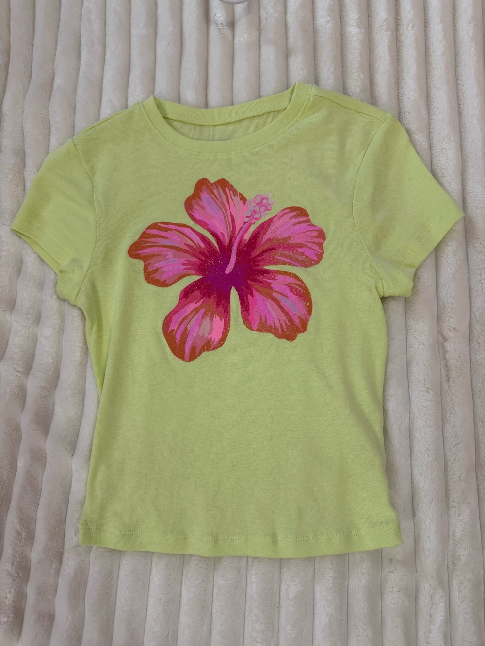 No Boundaries Lime Green Baby Tee with Pink Hibiscus Graphic